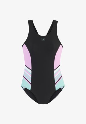 Schwarzer Einteiler-Badeanzug mit rosa und mintgrünen Seitenpaneelen, die diagonale Streifen zeigen, sowie einem kleinen logo in der Mitte nahe dem Halsausschnitt.