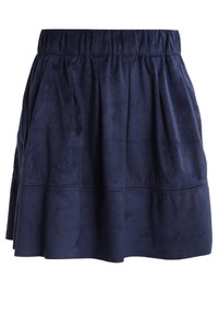 Jupe bleu marine en tissu doux et texturé. Elle présente une ceinture élastique et un design plissé, avec un ourlet évasé et sans éléments métalliques visibles.