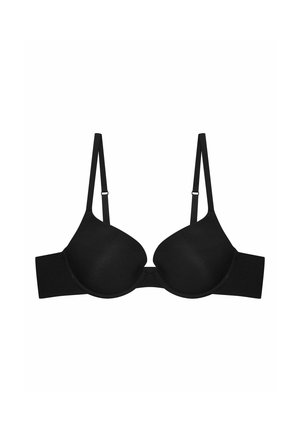 Czarny stanik wyściełany, z regulowanymi ramiączkami i gładką, matową teksturą. Bezszwowa konstrukcja z szerokim pasem zapewniającym wsparcie.