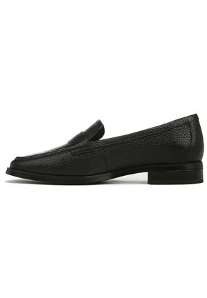Black leather loafers with a textured upper, rounded toe, small decorative flap, and a low rectangular heel. Classic, minimalist design.