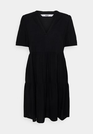 Black short-sleeve dress with V-neck, tiered skirt, and loose fit, designed for casual or semi-formal wear.