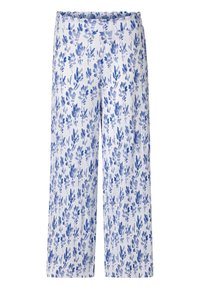 Geknipte, wijdlopende broek in witte stof met een blauw bloemenpatroon. Heeft een elastische tailleband en een gestructureerd oppervlak.