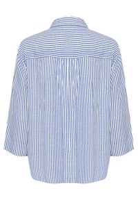 Blue and white striped short-sleeve shirt with a collar, featuring a back pleat detail and relaxed fit. Horizontal and vertical stripes are consistent.
