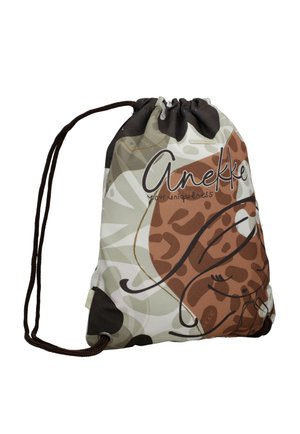 Mochila con cordón con patrones abstractos en marrón, beige y crema, que presenta el texto "Anekke Tu singularidad" y un dibujo lineal simple.