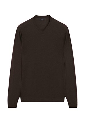 Brun, langærmet sweater med V-hals design. Lavet af glat stof, med ribbede manchetter og kant for en tætsiddende look. Ingen mønstre eller accenter.