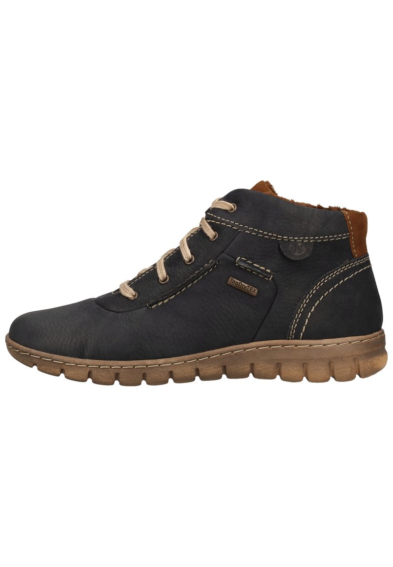 Stivali alla caviglia in pelle nera con cuciture beige, design con lacci, suola in gomma e dettagli in pelle marrone nella zona del tallone e della caviglia.