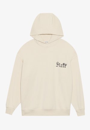 Hoodie bege feito de algodão macio. Apresenta um bolso frontal, capuz com cordão e "Staff" em fonte gótica preta no lado esquerdo do peito. Mangas longas.