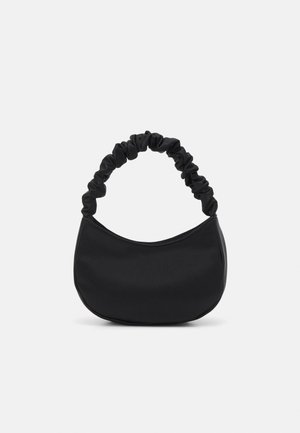 Black fabric shoulder bag with a ruched handle, oval shape, smooth texture, and no visible hardware or accents.