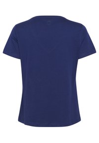 Námořnická modrá krátká rukáv T-shirt s výstřihem do V, vyrobená z hladké bavlny. Na zádech poblíž výstřihu se nachází decentní logo.