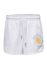 Witte katoenen shorts met een elastische tailleband en trekkoord, voorzien van een kleurrijk rond logo met een zonontwerp aan de linkerkant.
