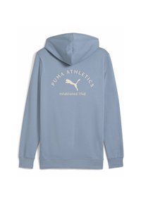 Világoskék kapucnis sweatshirt, hátul krém színű "PUMA ATHLETICS established 1948" logóval. Puha anyag, bordázott mandzsetta és alsó szegély.