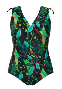 Maillot de bain une pièce avec un décolleté en V profond, ornée de feuilles vertes vives et de baies sur un fond noir, fabriqué en tissu lisse et extensible.