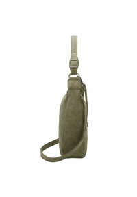 Borsa a tracolla in corduroy verde oliva con tracolla regolabile, chiusura a zip e superficie testurizzata. Presenta una forma rettangolare e accessori metallici.