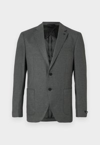 Donkergrijze enkelvoudige blazer met twee knopen, geknipt revers, twee voorzakken en zwarte voering, weergegeven op een witte achtergrond.
