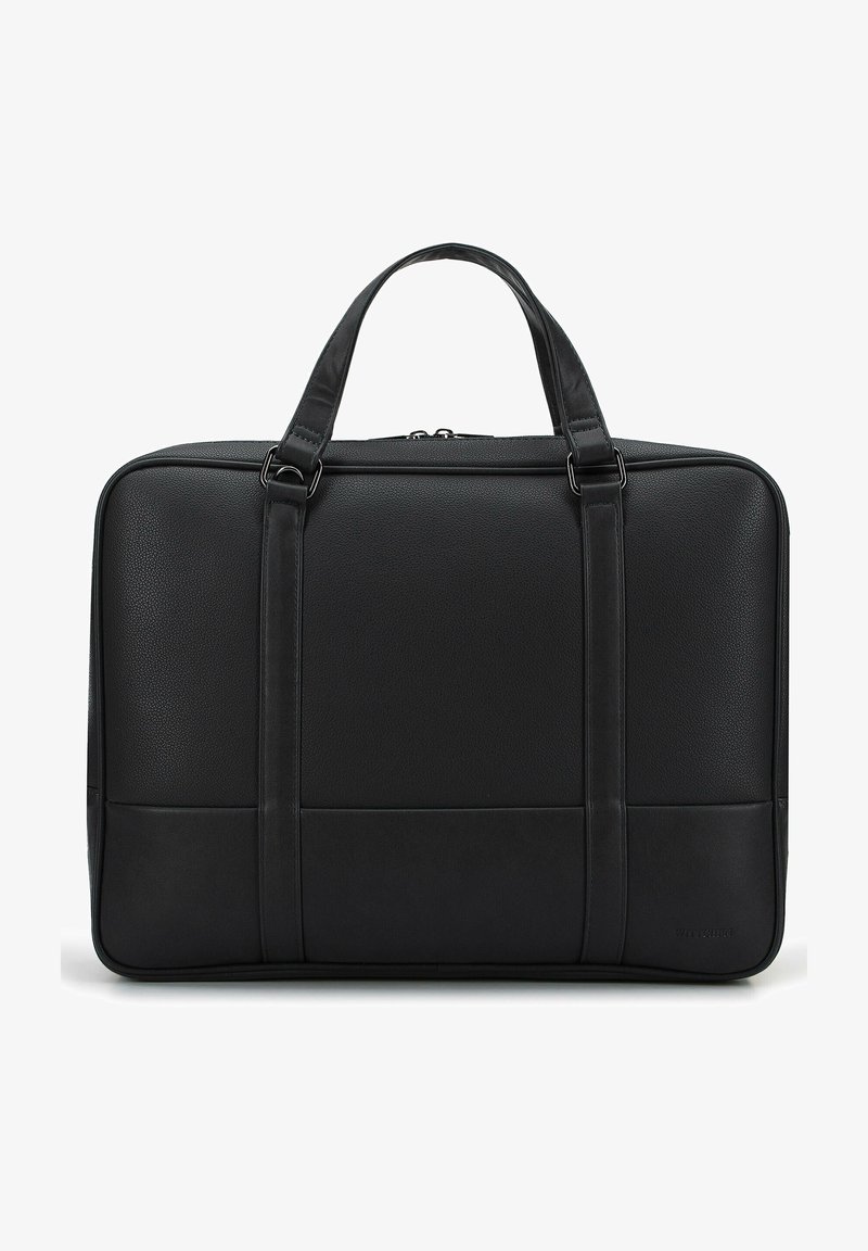 Black leather briefcase with textured surface, dual handles, and a zip closure. Features a sleek, rectangular shape and minimal accents.