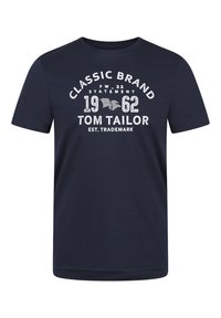 Camiseta de algodón azul marino con cuello redondo, mangas cortas y un estampado gráfico con "CLASSIC BRAND" y "TOM TAILOR" en blanco.