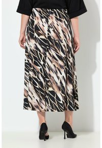 Vzdušná sukn�ě po kolena s černo-béžovým abstraktním vzorem, hladkou texturou a plisovaným designem v lehké látce.