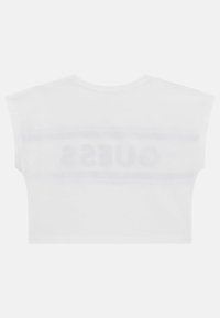 White cropped t-shirt featuring a round neckline and short, wide sleeves. Material has a slight sheerness with a faint pattern printed on the back.