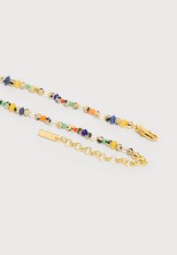 Κολιέ με χάντρες από πολύχρωμους λίθους και μαργαριτάρια, χρυσή αλυσίδα με επέκταση και χρυσό κούμπωμα σε σχήμα αστακού σε λευκό φόντο.