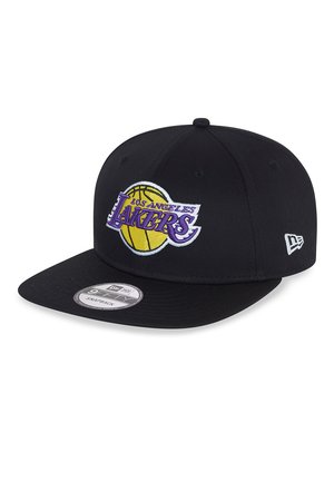 Black snapback cap featuring an embroidered Los Angeles Lakers logo in purple and yellow. Smooth fabric with a flat brim and adjustable closure.
