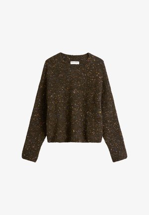 Brązowy sweter dziany z metalicznymi drobinkami w kolorach niebieskim, pomarańczowym i różowym. Posiada okrągły dekolt i długie rękawy z krótkim obszyciem.