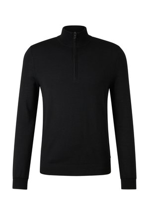 Czarny pulower z długim rękawem, wysokim kołnierzem i półzamkiem, wykonany z gładkiego dzianinowego materiału. Posiada dopasowane mankiety i prosty dół.