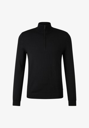 Black long-sleeve pullover with a high collar and half-zip, in a smooth knit material. Features fitted cuffs and a straight hem.