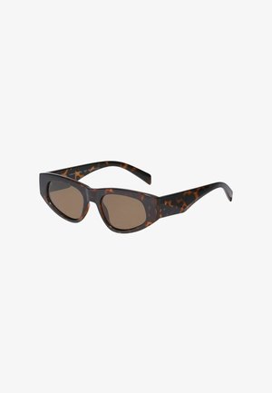 Lunettes de soleil écaille de tortue de forme rectangulaire, verres teintés marron et branches noires élégantes. Monture texturée avec des accents de motif subtils.