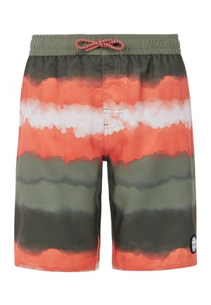 Shorts de bain avec un motif rayé multicolore en orange, vert et blanc. Tissu léger avec une taille élastique et un cordon de serrage.