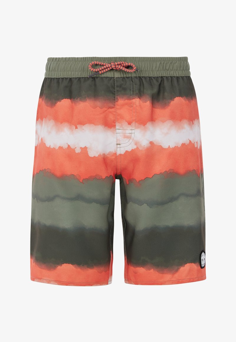 Plavky s pruhovaným vzorom v oranžovej, zelenej a bielej farbe. Ľahký materiál s elastickým pásom a šnúrkou na stiahnutie.