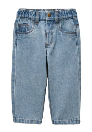 Shorts en denim bleu clair, taille mi-haute avec bande élastique, design à cinq poches et coutures apparentes. Tissu lisse avec une coupe classique.
