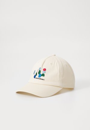 Beige bomulls baseball cap med buet skygge, med fargerike broderte former og "WOOD WOOD"-tekst på forsiden.