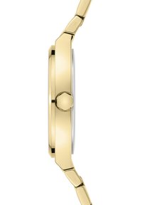 Orologio in metallo dorato con cassa rotonda liscia, quadrante argento e corona a pressione. Il bracciale presenta un design a maglie lucide.