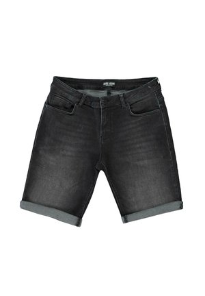Zwarte denim shorts met opgerolde omslagen, voorzien van vijf zakken en een knoopsluiting. Soepele textuur met een licht vervaagde afwerking.