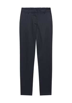 Tummansinisiä räätälöityjä housuja, jotka on valmistettu sileästä kankaasta. Niissä on tasainen etuosa, vyölenkit ja tavalliset taskut. Slim fit -suunnittelu suorilla lahkeilla.