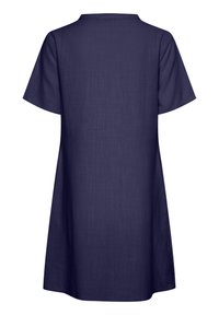 Plain dark blue short-sleeve dress with a straight, loose fit and a round neckline, shown from the back.