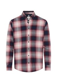 Langärmliges kariertes Hemd in Rot, Marineblau und Grau. Hergestellt aus Baumwolle, mit einem Button-Down-Kragen und einer einzelnen Brusttasche.