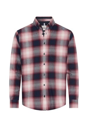 Camicia a maniche lunghe a quadri in rosso, blu navy e grigio. Realizzata in cotone, presenta un colletto button-down e una tasca sul petto.