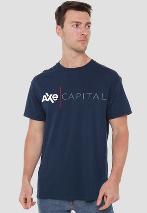 Navy blue cotton t-shirt featuring a white graphic "AXE" and grey "CAPITAL" text, short sleeves, and a classic crew neckline.