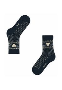 Granatowe skarpetki bawełniane z kremowym wzorem serca. Posiadają ściągacz i teksturowany wzór z geometrycznymi kształtami. Logo Esprit na stopie.