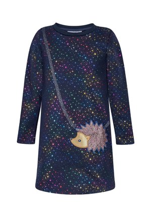 Abito a maniche lunghe blu navy con puntini multicolore che ricordano coriandoli e grafica frontale di una borsa a forma di riccio rosa scintillante.