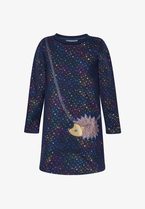 Marineblaues langärmliges Kleid mit mehrfarbigen Konfettipunkten und einer glitzernden pinkfarbenen Igel-Handtaschen-Grafik auf der Vorderseite.