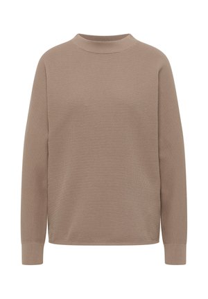 Pull en maille côtelée marron avec un col montant et des manches longues. Présente une coupe décontractée et une texture subtile sur l'ensemble du tissu.