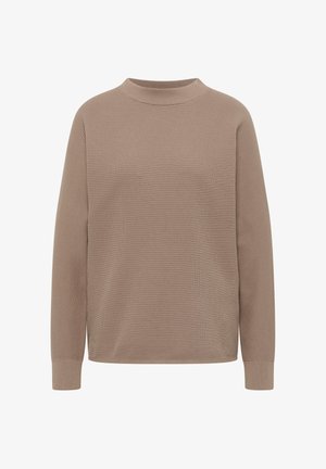 Pull en maille côtelée marron avec un col montant et des manches longues. Présente une coupe décontractée et une texture subtile sur l'ensemble du tissu.