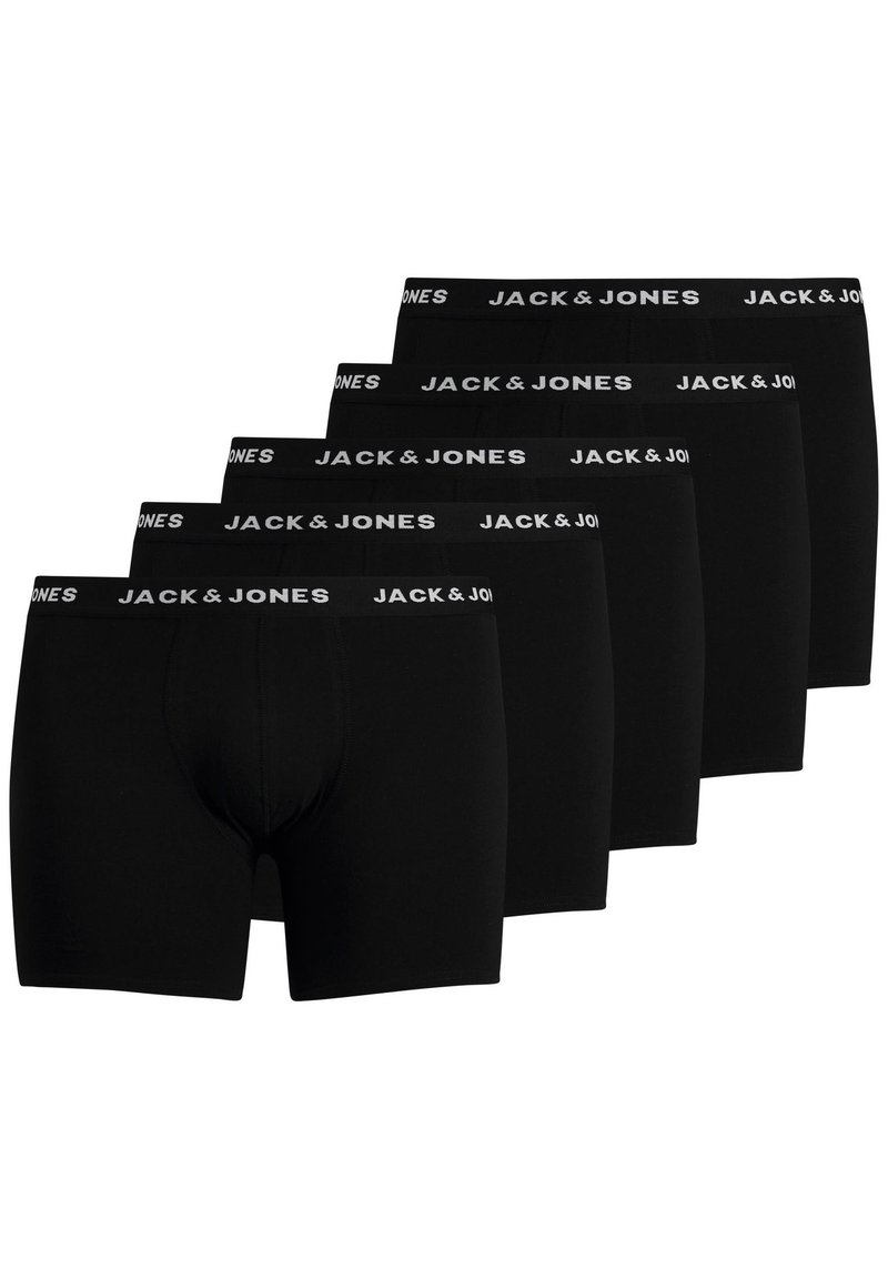 Boxer-briefs noirs, pack de cinq, en tissu lisse. Ceinture élastique avec le logo "JACK & JONES" en blanc. Coupe et design classiques.