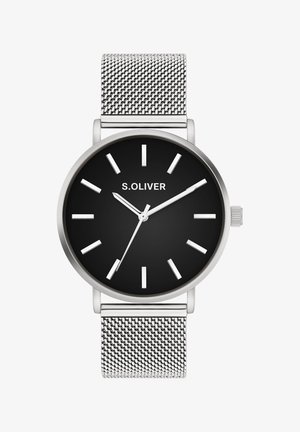 Montre à bracelet en maille argentée avec un cadran rond noir. Comprend des marqueurs d'heure blancs, des aiguilles argentées et un logo à la position de 12 heures.