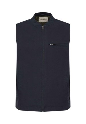 Marineblauwe mouwloze bodywarmer met een rits aan de voorkant, een borstzak met rits en twee zijzakken, ontworpen voor casual gebruik.