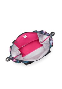Multicolored fabric bag with a black exterior, featuring a vibrant inner lining in pink, zip closure, and two interior compartments.