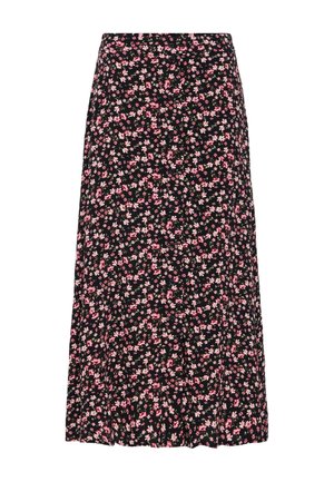 Czarna spódnica midi w mały różowo-biały kwiatowy wzór, zapinana z przodu na guziki, o kroju do litery A.