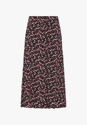 Zwarte midirok met een roze-witte kleine bloemenprint, knoopsluiting aan de voorkant en een A-lijn silhouet.